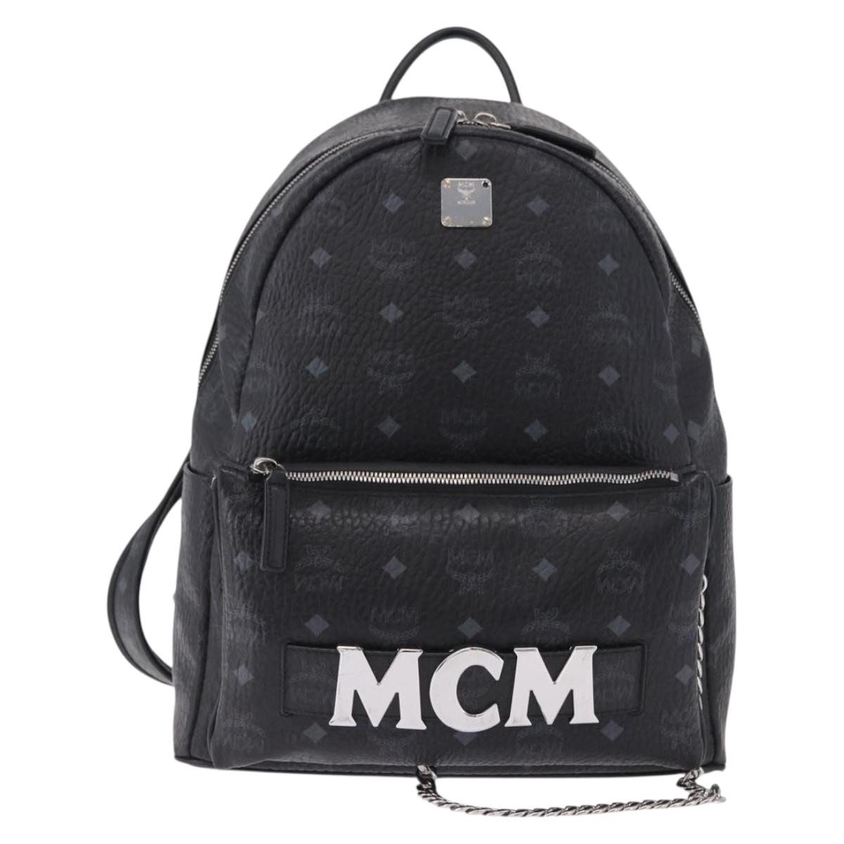 MCM Vicetos Logogram Backpack Leather Black Silver Auth 194907
