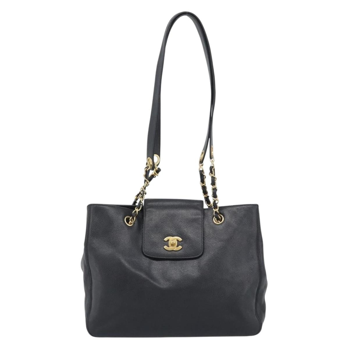 CHANEL Chain Shoulder Tote Bag Caviar Skin Black Gold CC Auth 194920SAM