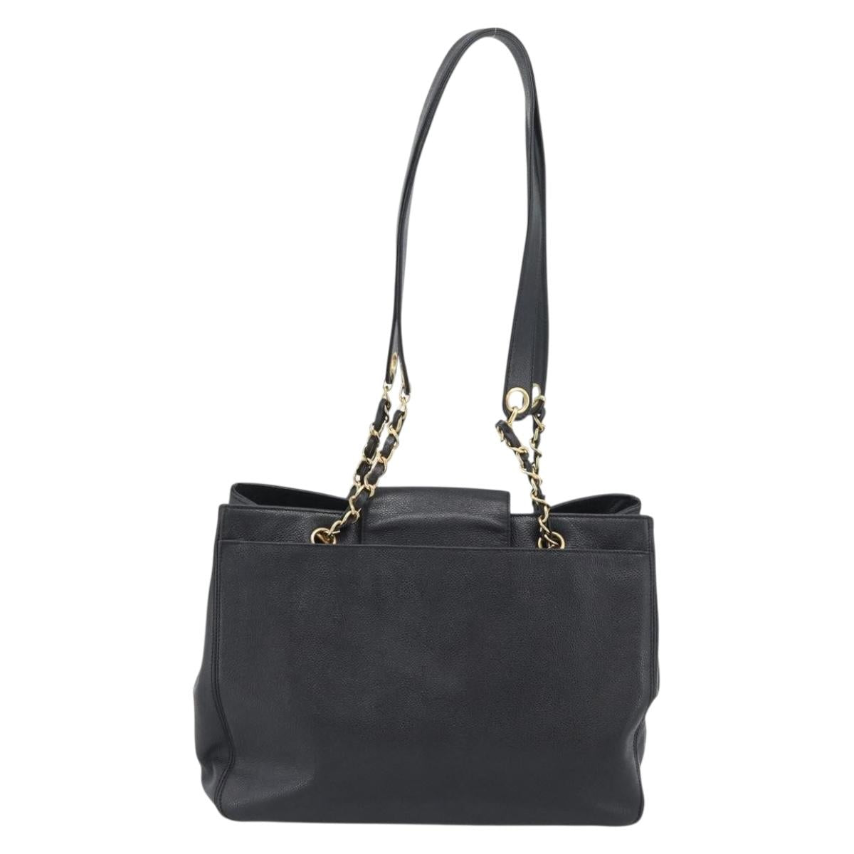 CHANEL Chain Shoulder Tote Bag Caviar Skin Black Gold CC Auth 194920SAM