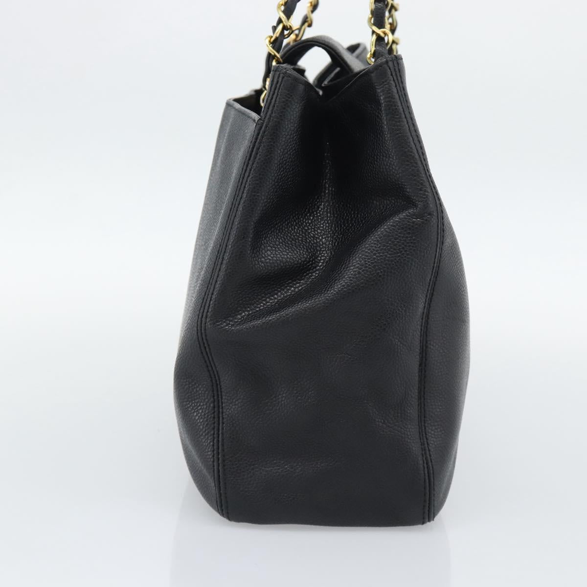 CHANEL Chain Shoulder Tote Bag Caviar Skin Black Gold CC Auth 194920SAM