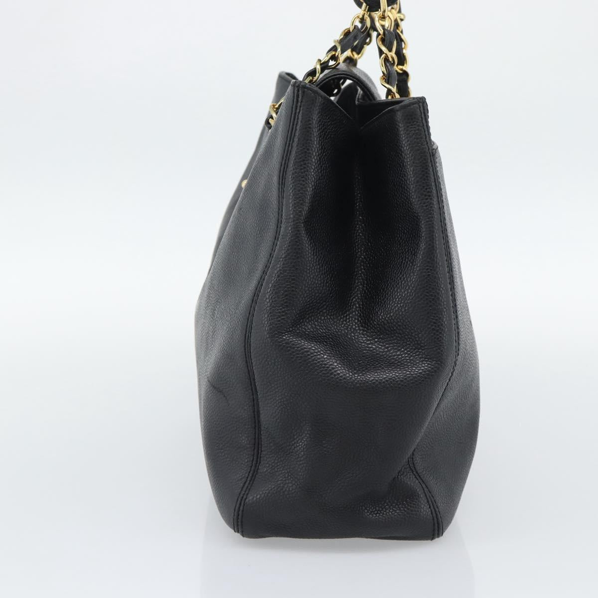 CHANEL Chain Shoulder Tote Bag Caviar Skin Black Gold CC Auth 194920SAM