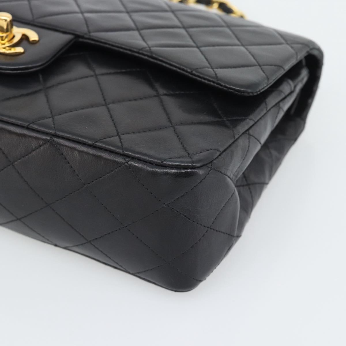 CHANEL Matelasse 25 Double Flap Chain Bag Lamb Skin Black Gold CC Auth 194921SAM