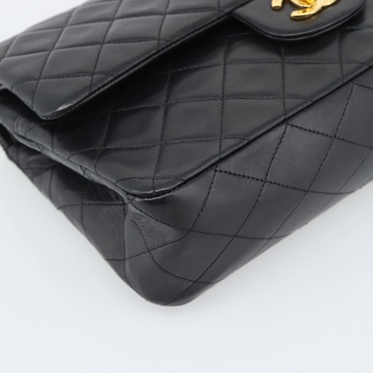 CHANEL Matelasse 25 Double Flap Chain Bag Lamb Skin Black Gold CC Auth 194921SAM