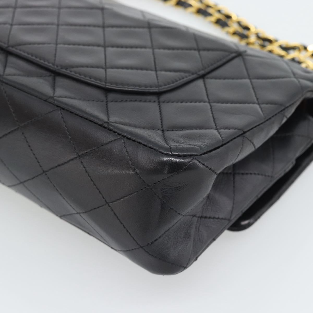 CHANEL Matelasse 25 Double Flap Chain Bag Lamb Skin Black Gold CC Auth 194921SAM