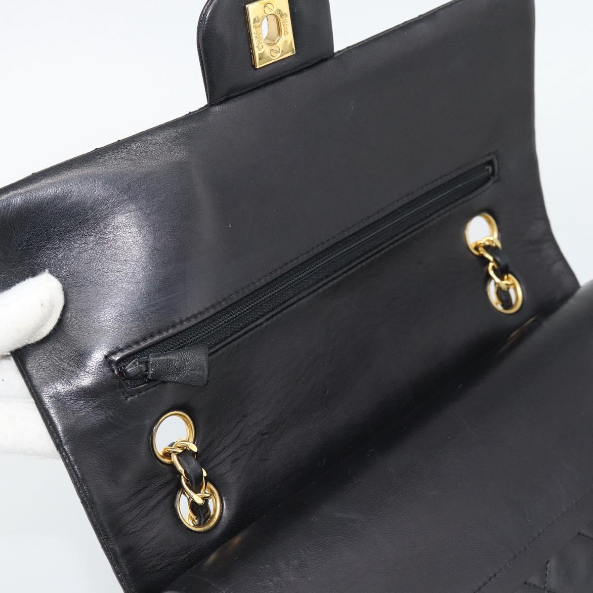 CHANEL Matelasse 25 Double Flap Chain Bag Lamb Skin Black Gold CC Auth 194921SAM