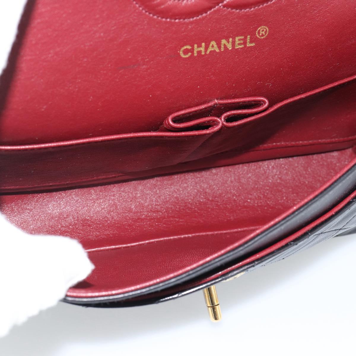 CHANEL Matelasse 25 Double Flap Chain Bag Lamb Skin Black Gold CC Auth 194921SAM