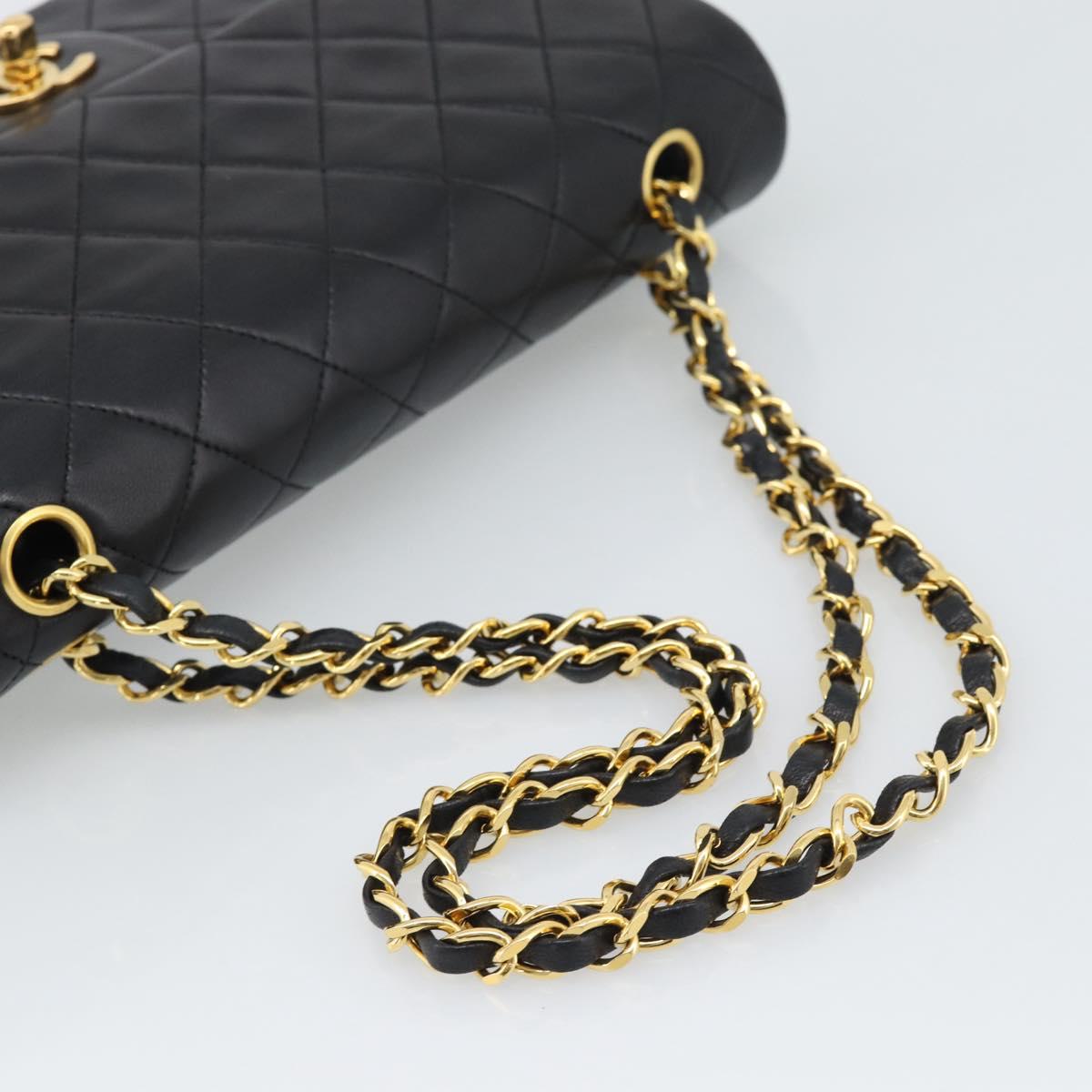 CHANEL Matelasse 25 Double Flap Chain Bag Lamb Skin Black Gold CC Auth 194921SAM
