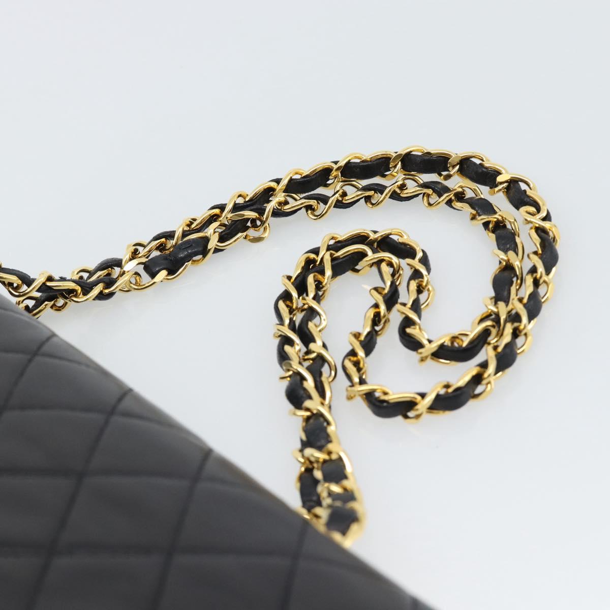 CHANEL Matelasse 25 Double Flap Chain Bag Lamb Skin Black Gold CC Auth 194921SAM
