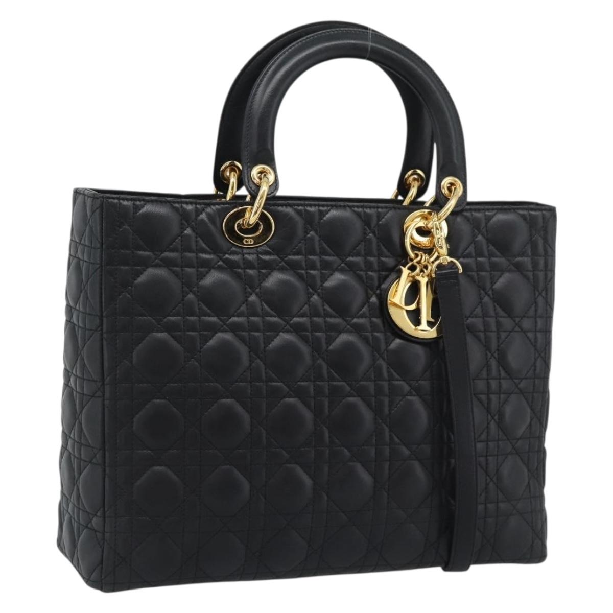 Christian Dior Lady Dior Canage Bag Lamb Skin 2way Black Gold Auth 194922SAM