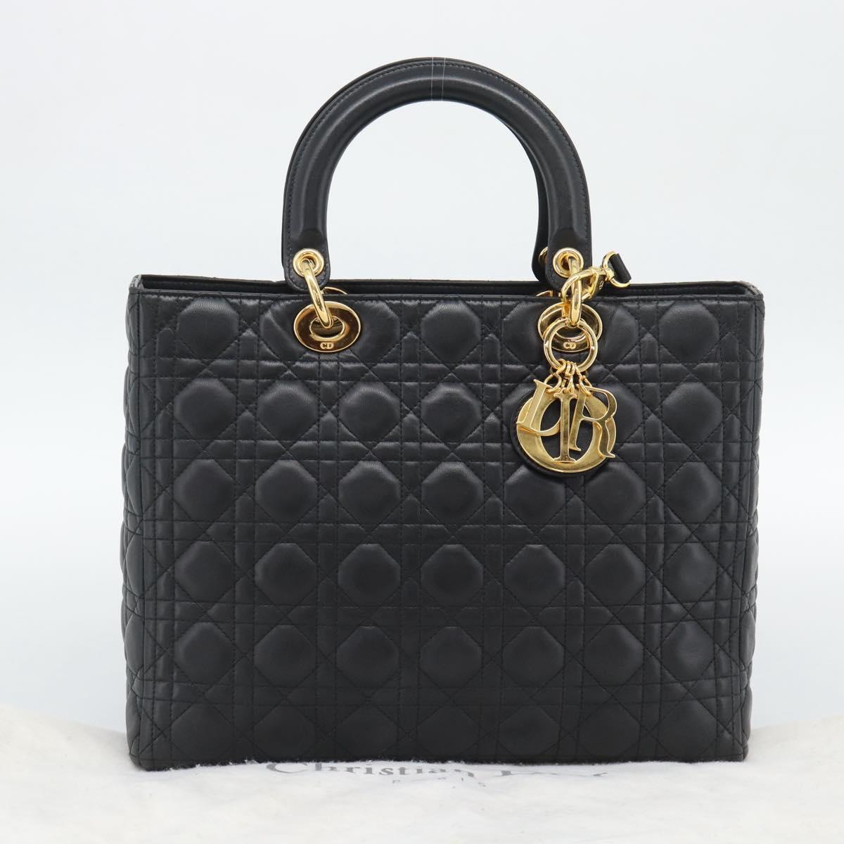 Christian Dior Lady Dior Canage Bag Lamb Skin 2way Black Gold Auth 194922SAM