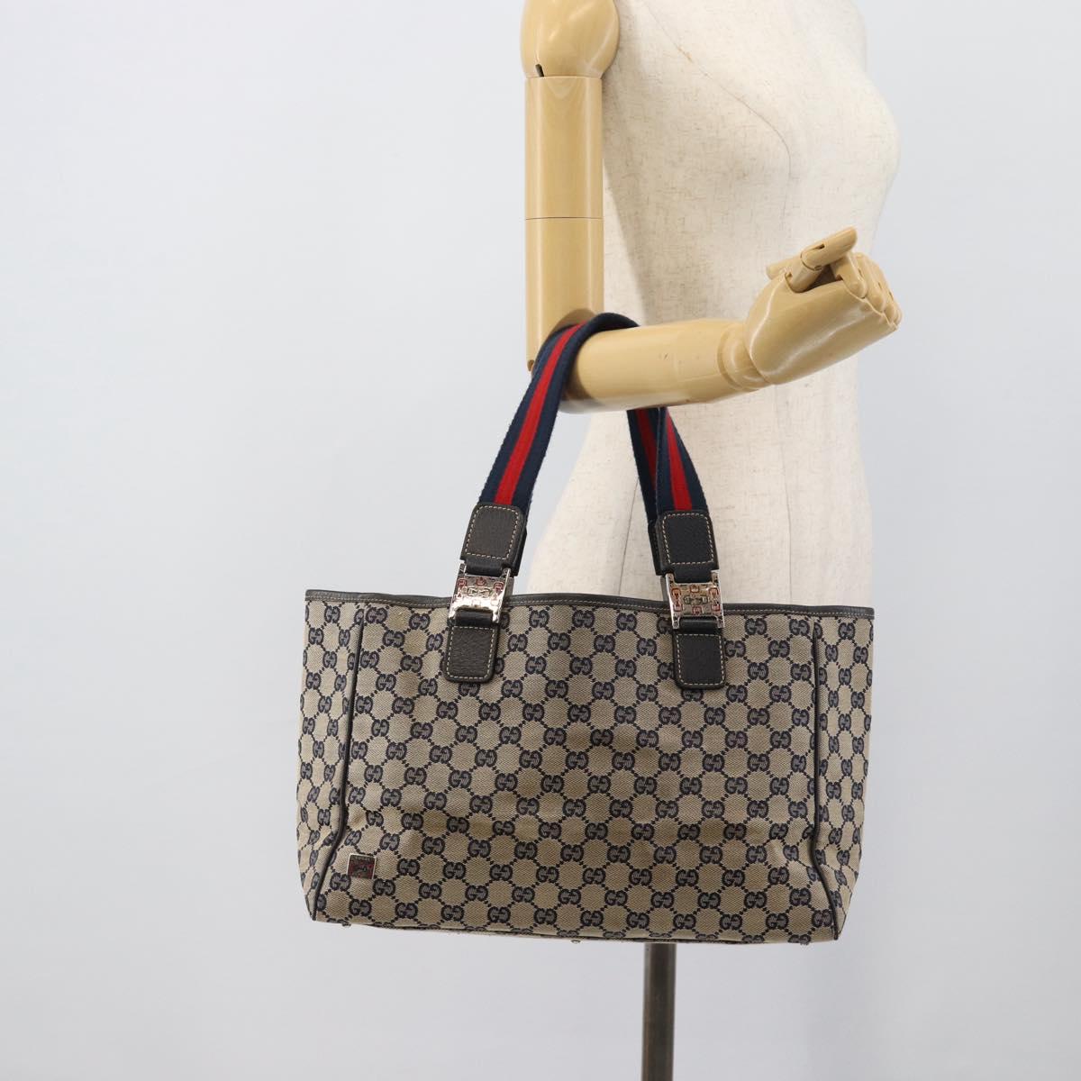 GUCCI GG Canvas Sherry Line Tote Bag Navy Silver 145758 Auth 194942A
