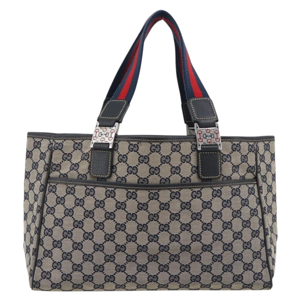GUCCI GG Canvas Sherry Line Tote Bag Navy Silver 145758 Auth 194942A