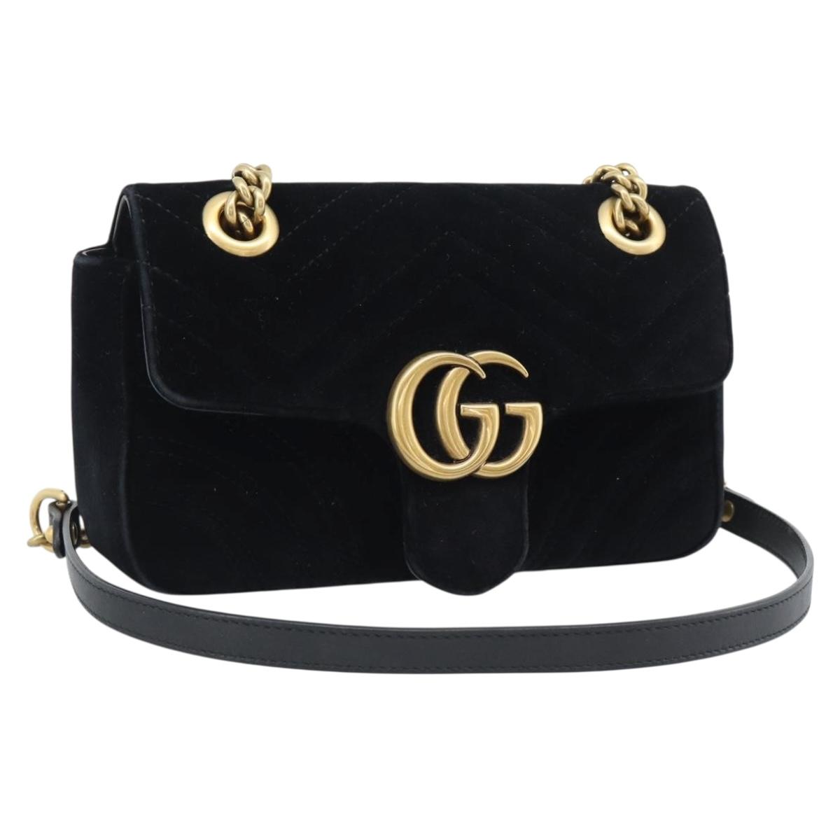 GUCCI GG Marmont Chain Shoulder Bag Velor Black Gold 446744 Auth 194944V