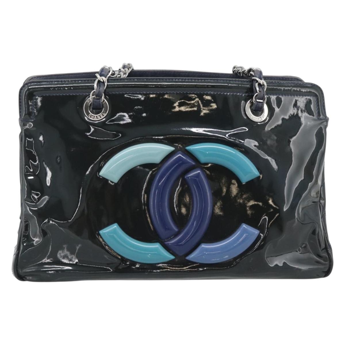 CHANEL Lip Stick Chain Tote Bag Patent Leather Black Silver CC Auth 194954