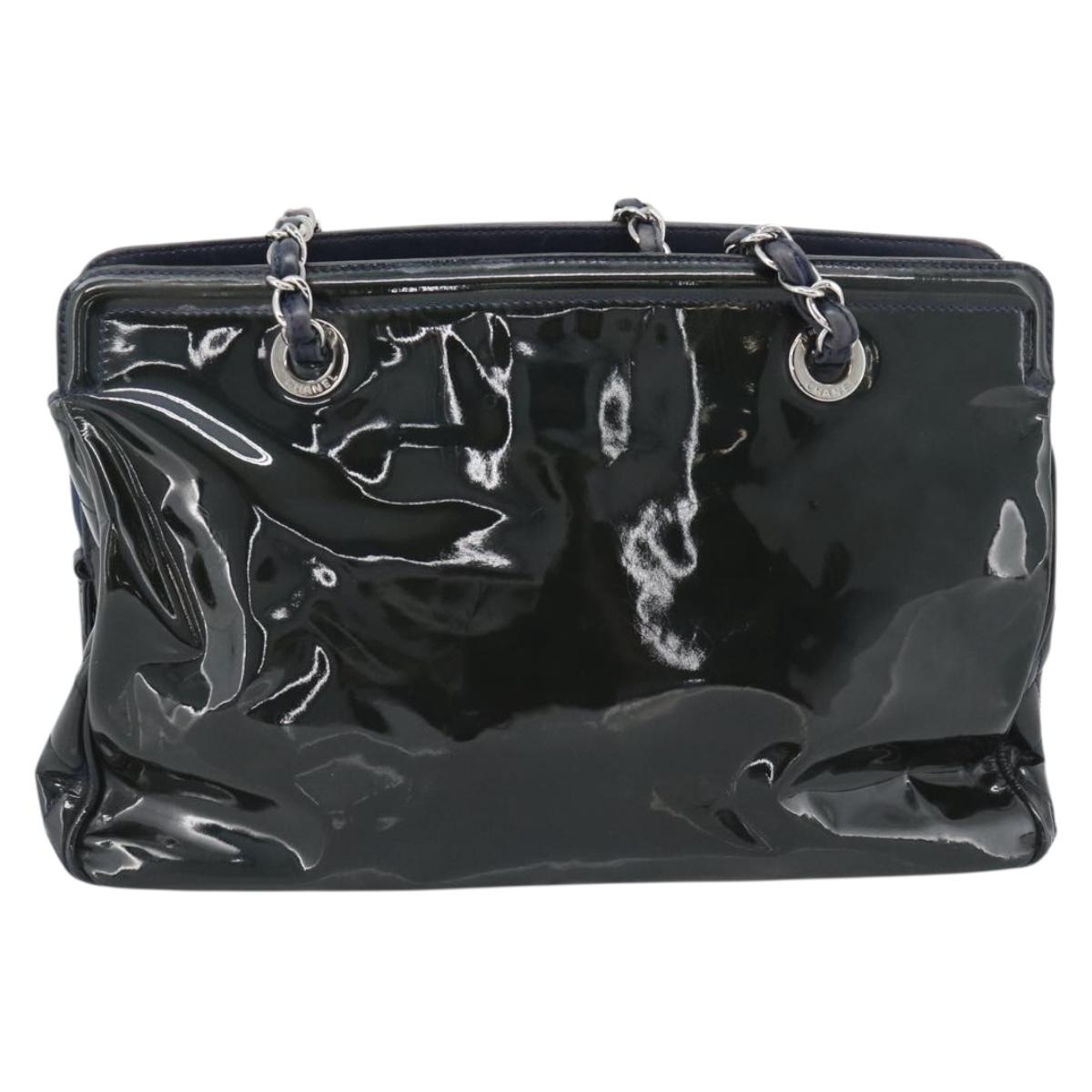 CHANEL Lip Stick Chain Tote Bag Patent Leather Black Silver CC Auth 194954