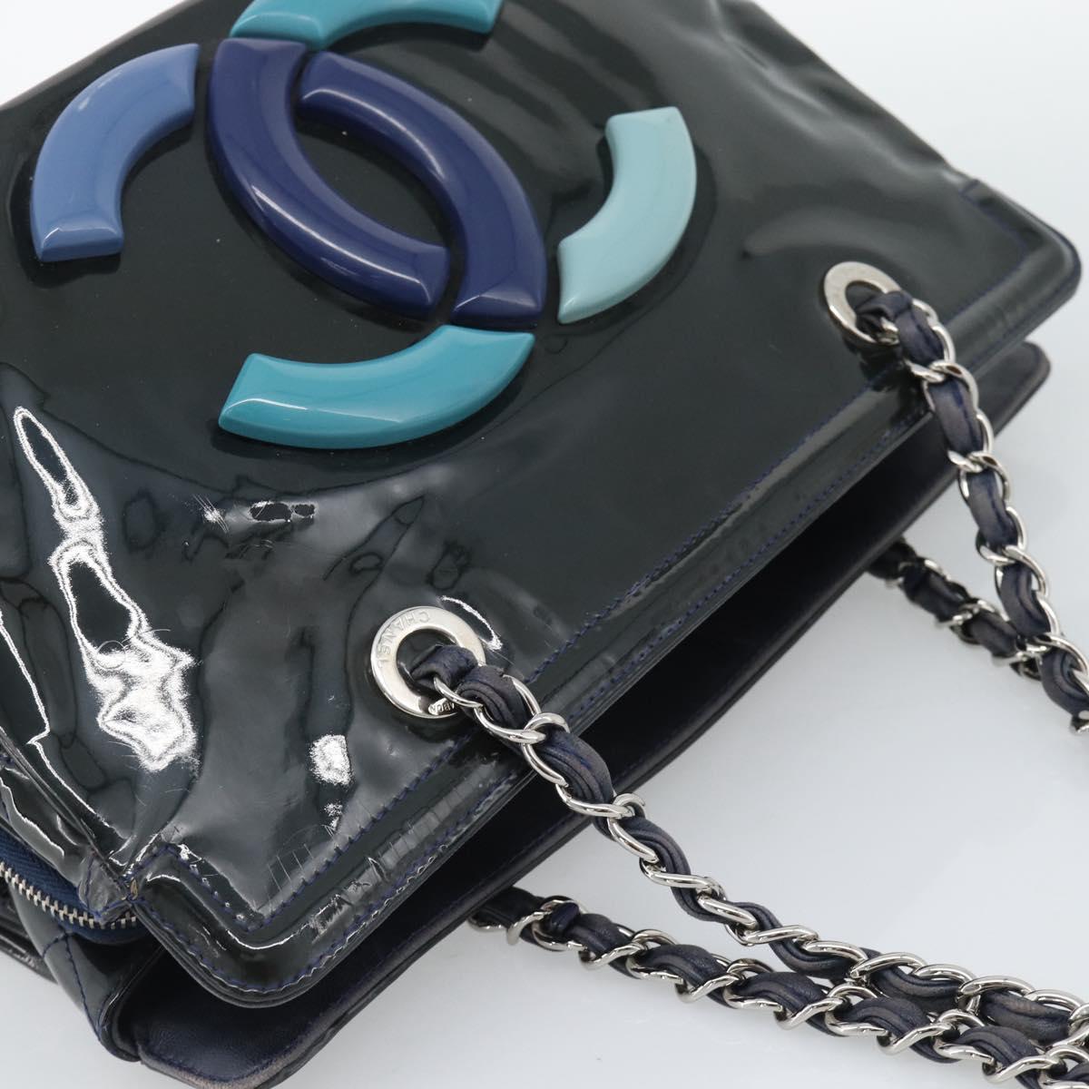 CHANEL Lip Stick Chain Tote Bag Patent Leather Black Silver CC Auth 194954