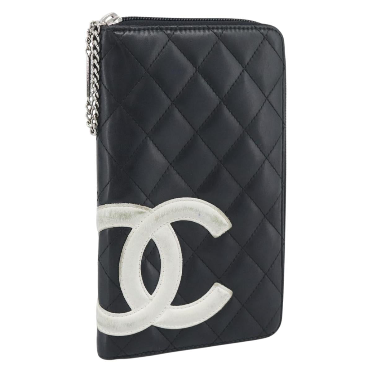 CHANEL Matelasse Cambon Line Long Wallet Leather Black Silver CC Auth 194957
