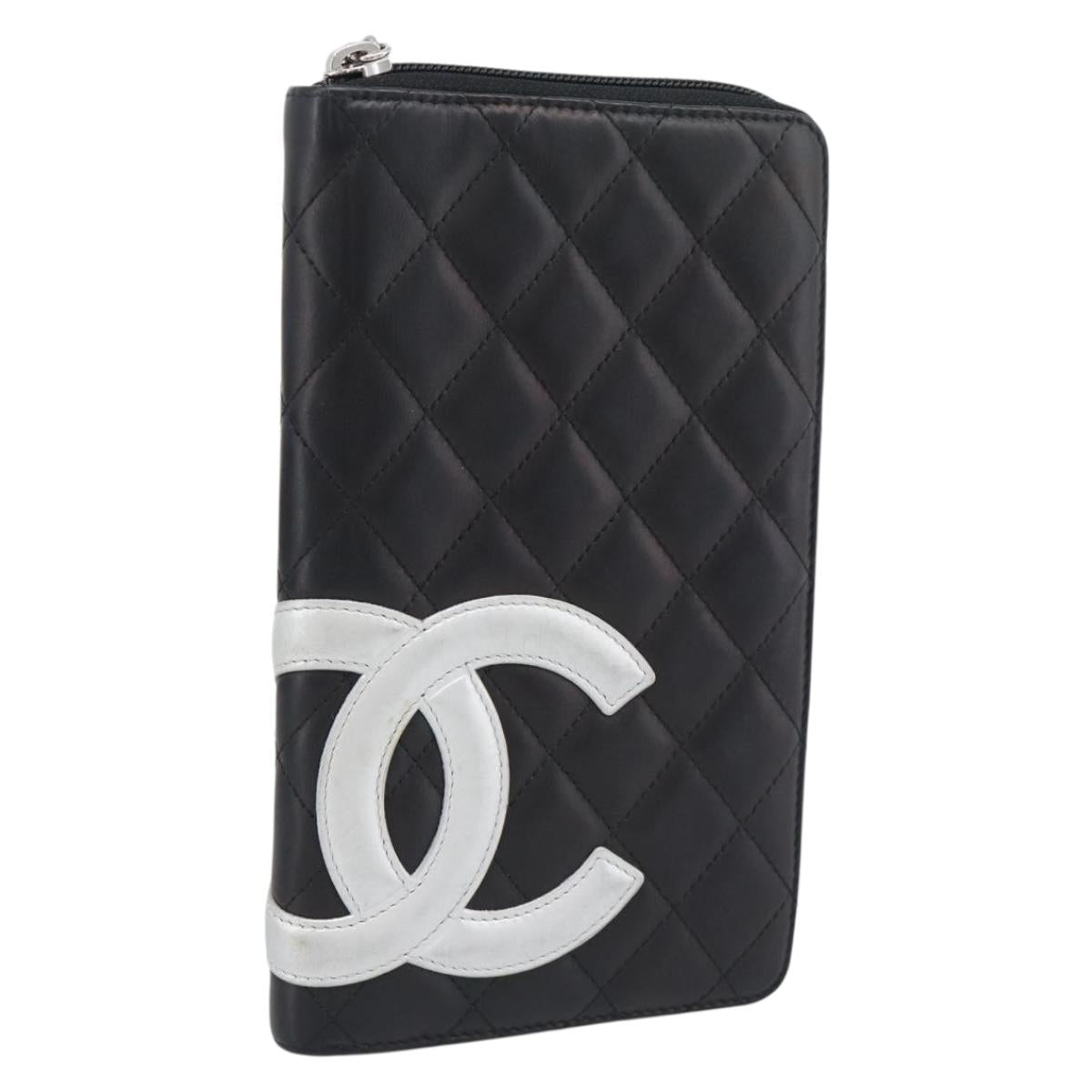 CHANEL Matelasse Cambon Line Long Wallet Leather Black Silver CC Auth 194958M