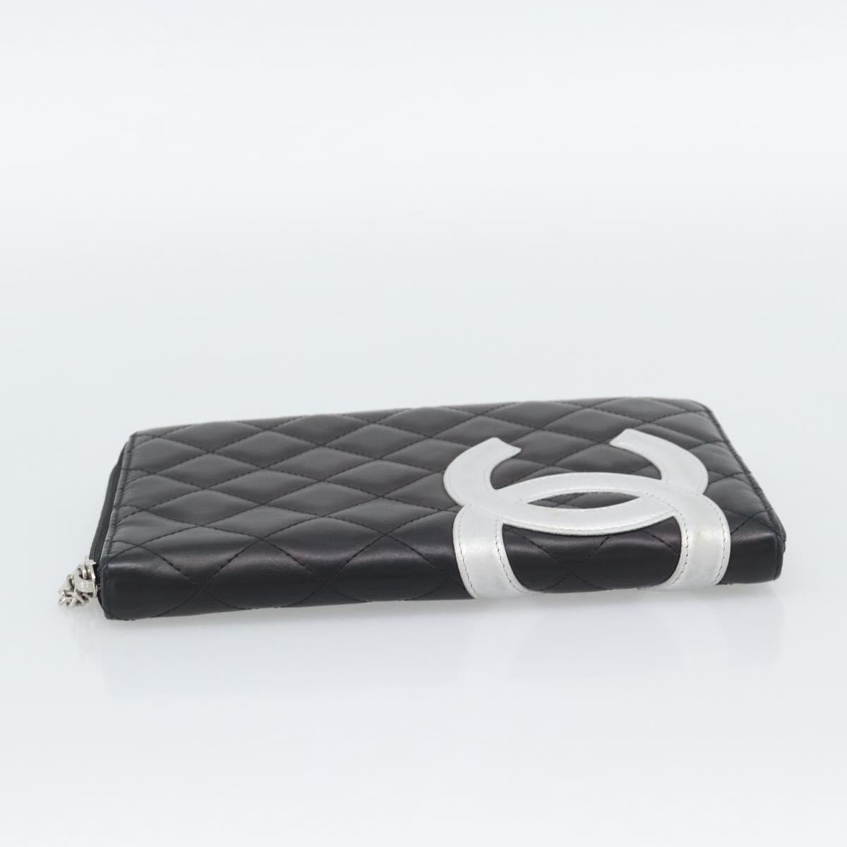 CHANEL Matelasse Cambon Line Long Wallet Leather Black Silver CC Auth 194958M