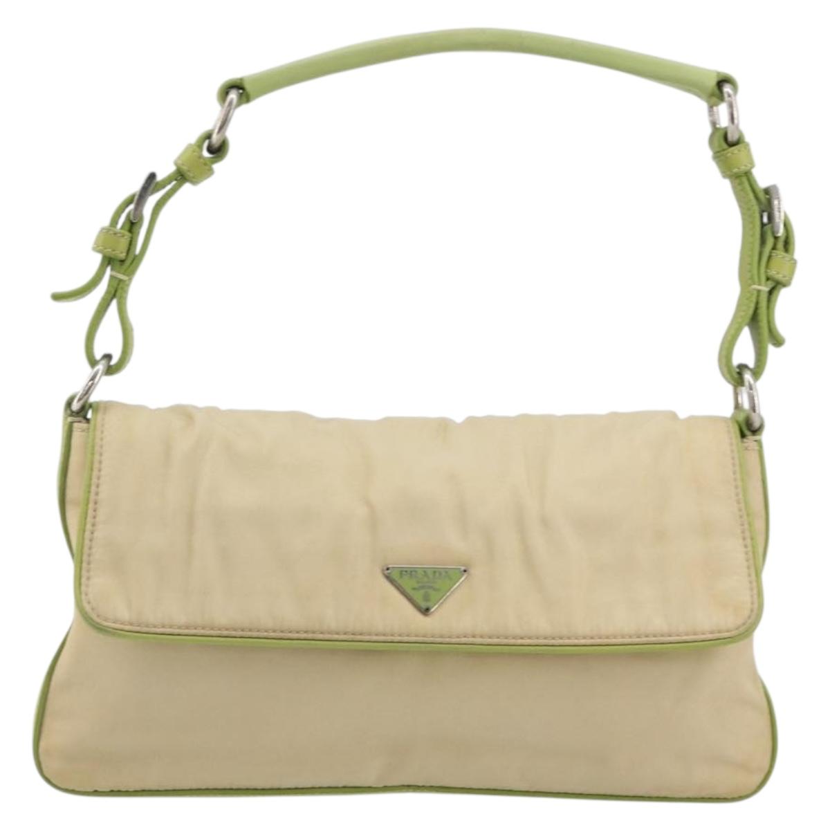 PRADA Shoulder Bag Nylon Beige Silver Auth 194981A