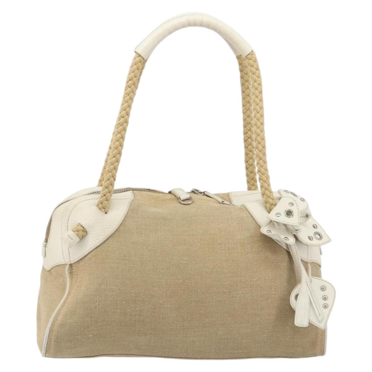 Miu Miu Boston Bag Canvas Beige Silver Auth 194986