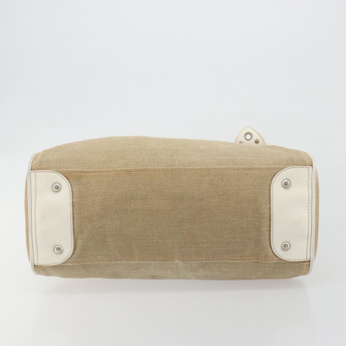Miu Miu Boston Bag Canvas Beige Silver Auth 194986