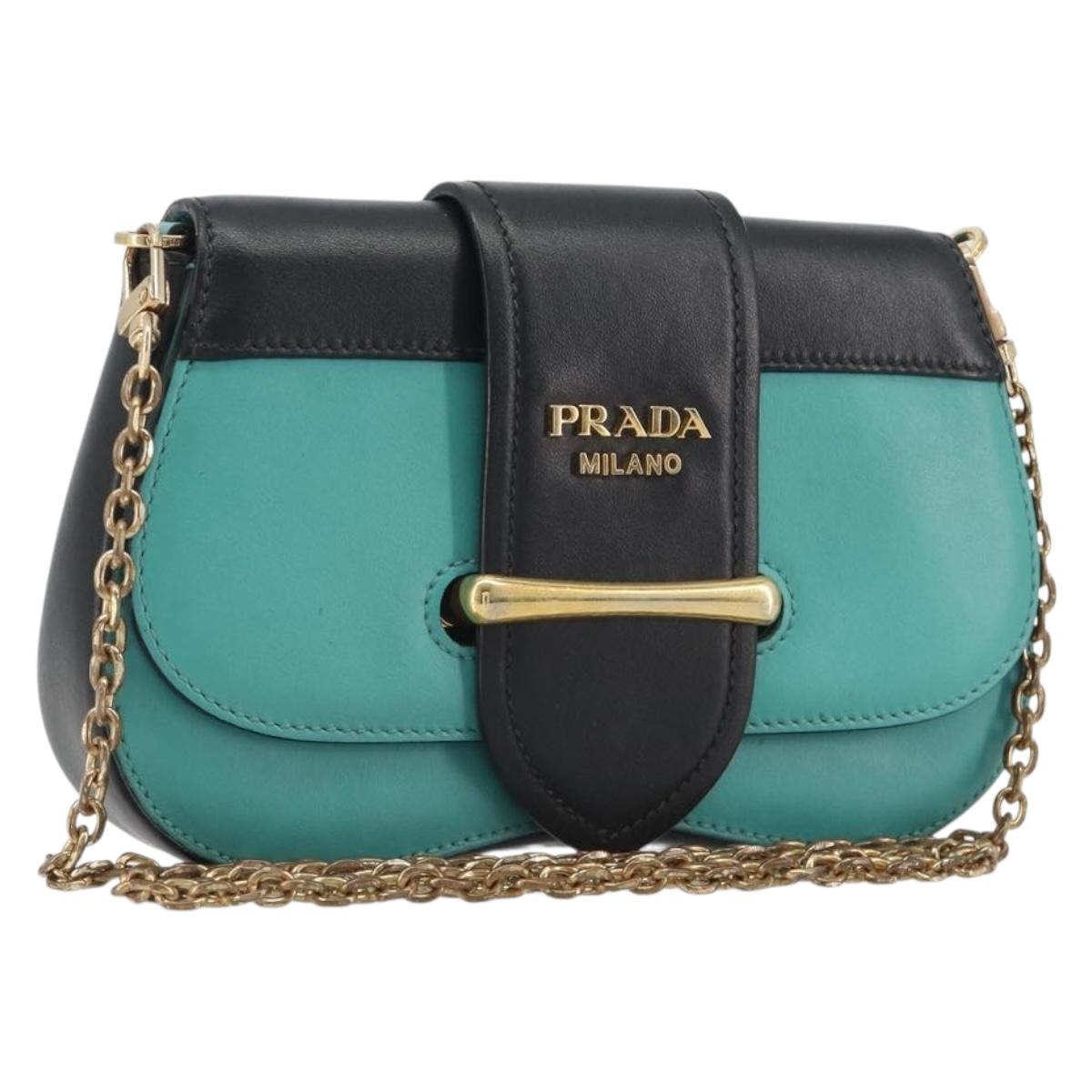 PRADA Sydney Chain Shoulder Bag Leather Green Gold Auth 194994A