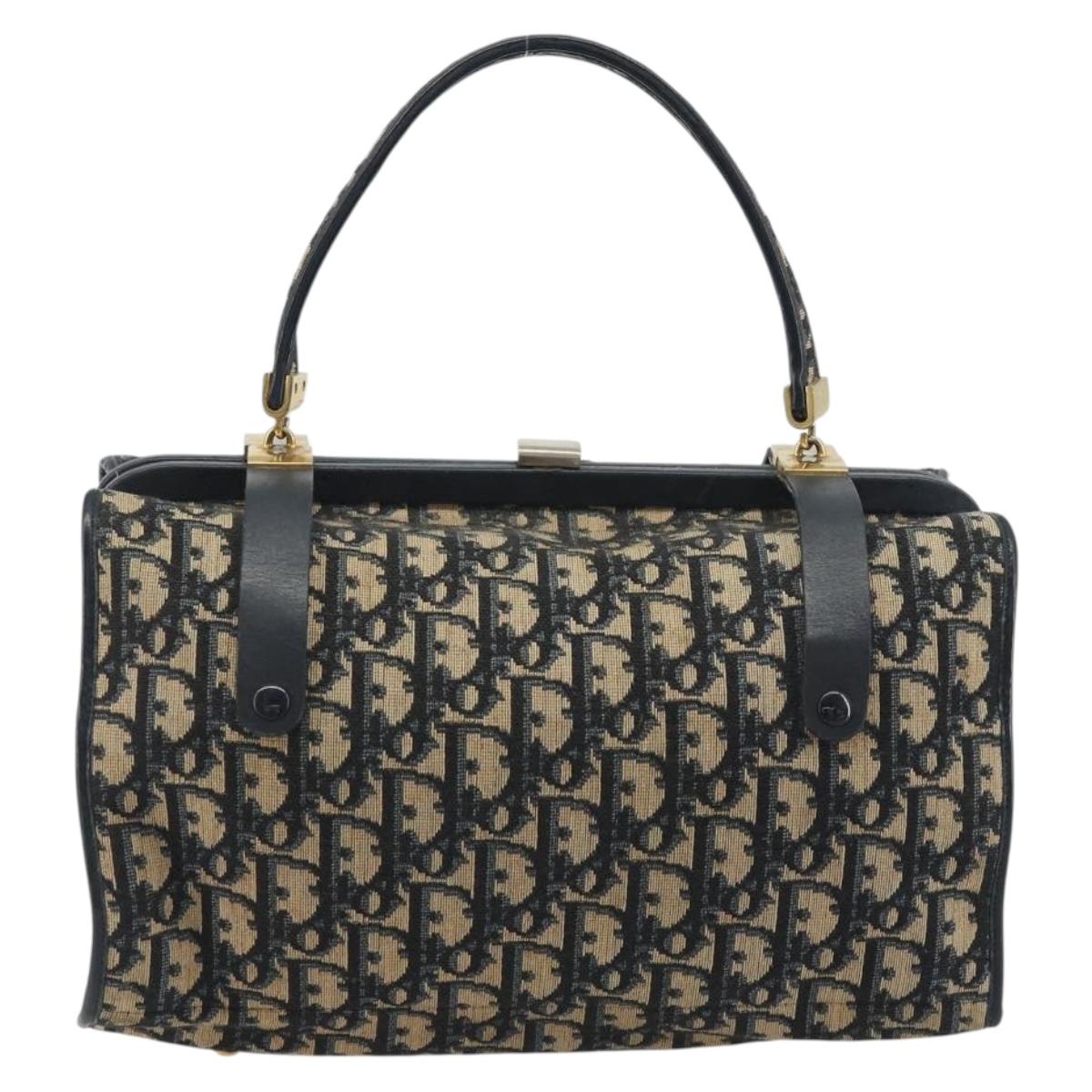 Christian Dior Trotter Canvas Hand Bag Navy Gold Auth 195002