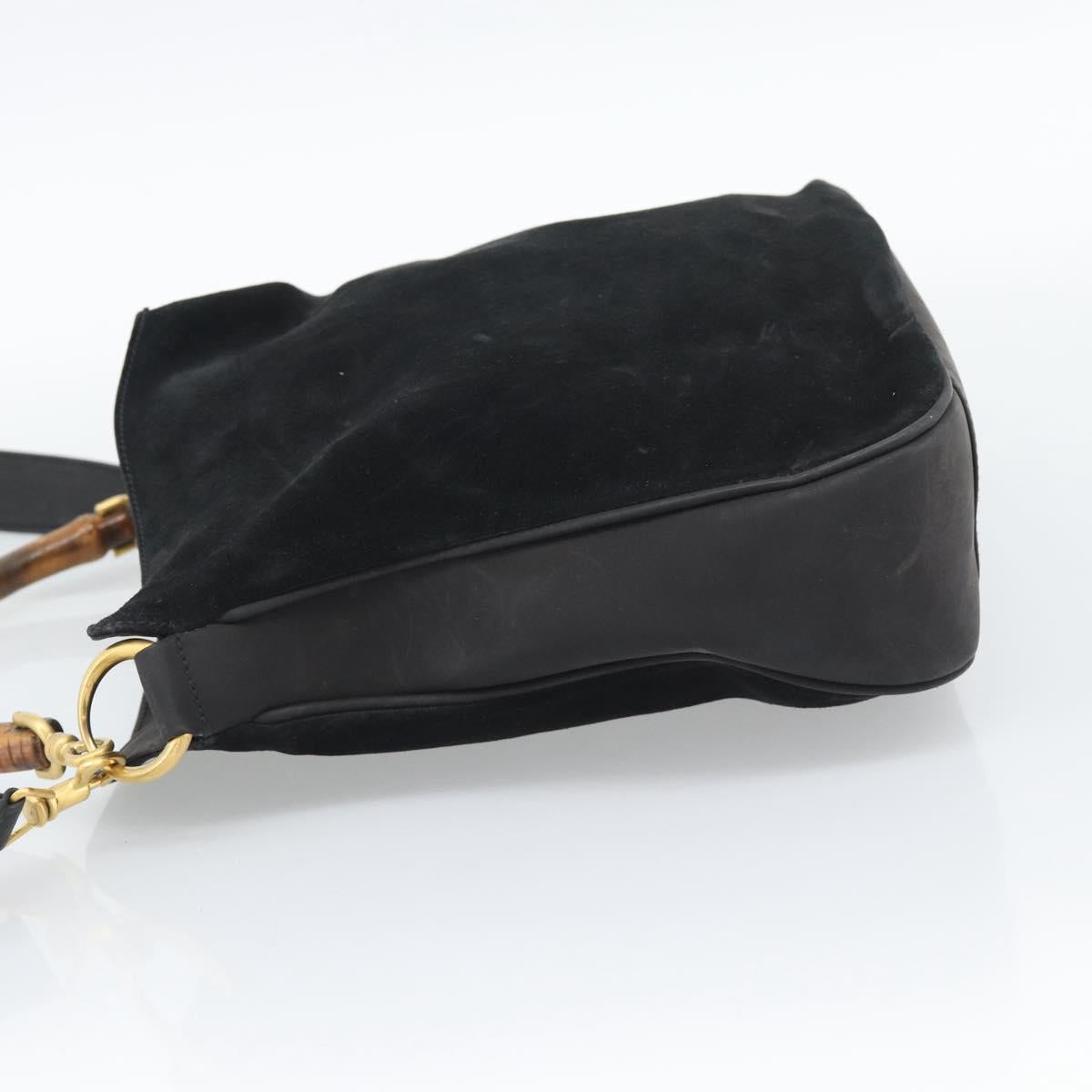 GUCCI Bamboo Shoulder Bag Suede 2way Black Gold Auth 195003