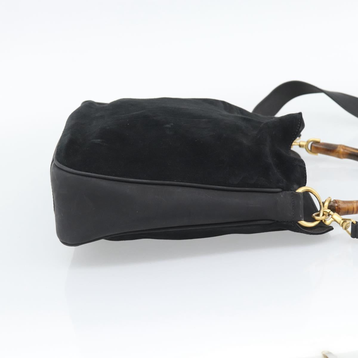 GUCCI Bamboo Shoulder Bag Suede 2way Black Gold Auth 195003