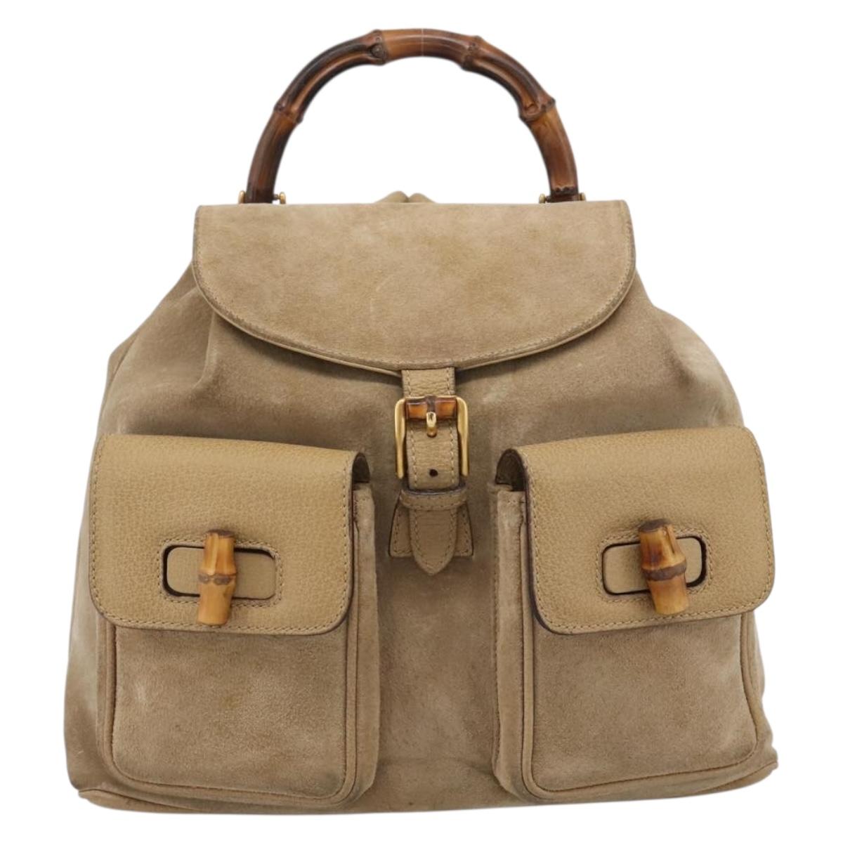 GUCCI Bamboo Backpack Suede Beige Gold 003 2058 0016 Auth 195005