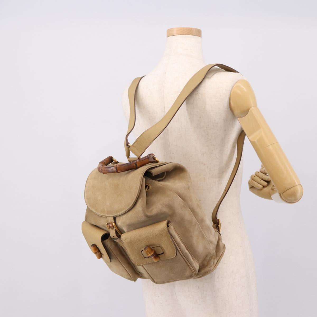 GUCCI Bamboo Backpack Suede Beige Gold 003 2058 0016 Auth 195005