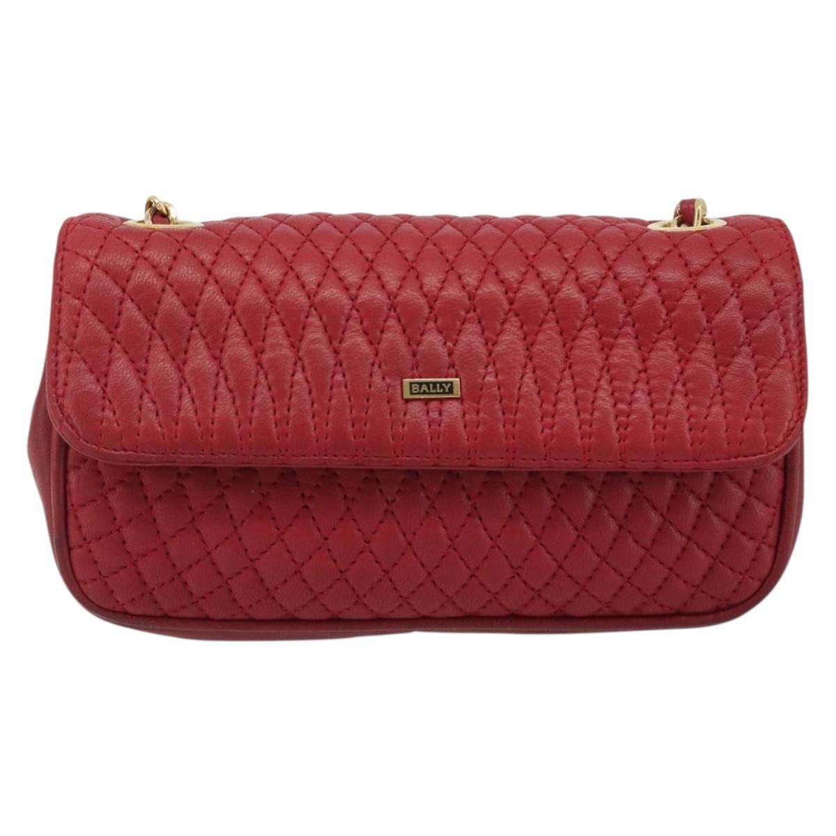 BALLY Chain Shoulder Bag Leather Red Gold Auth 195012