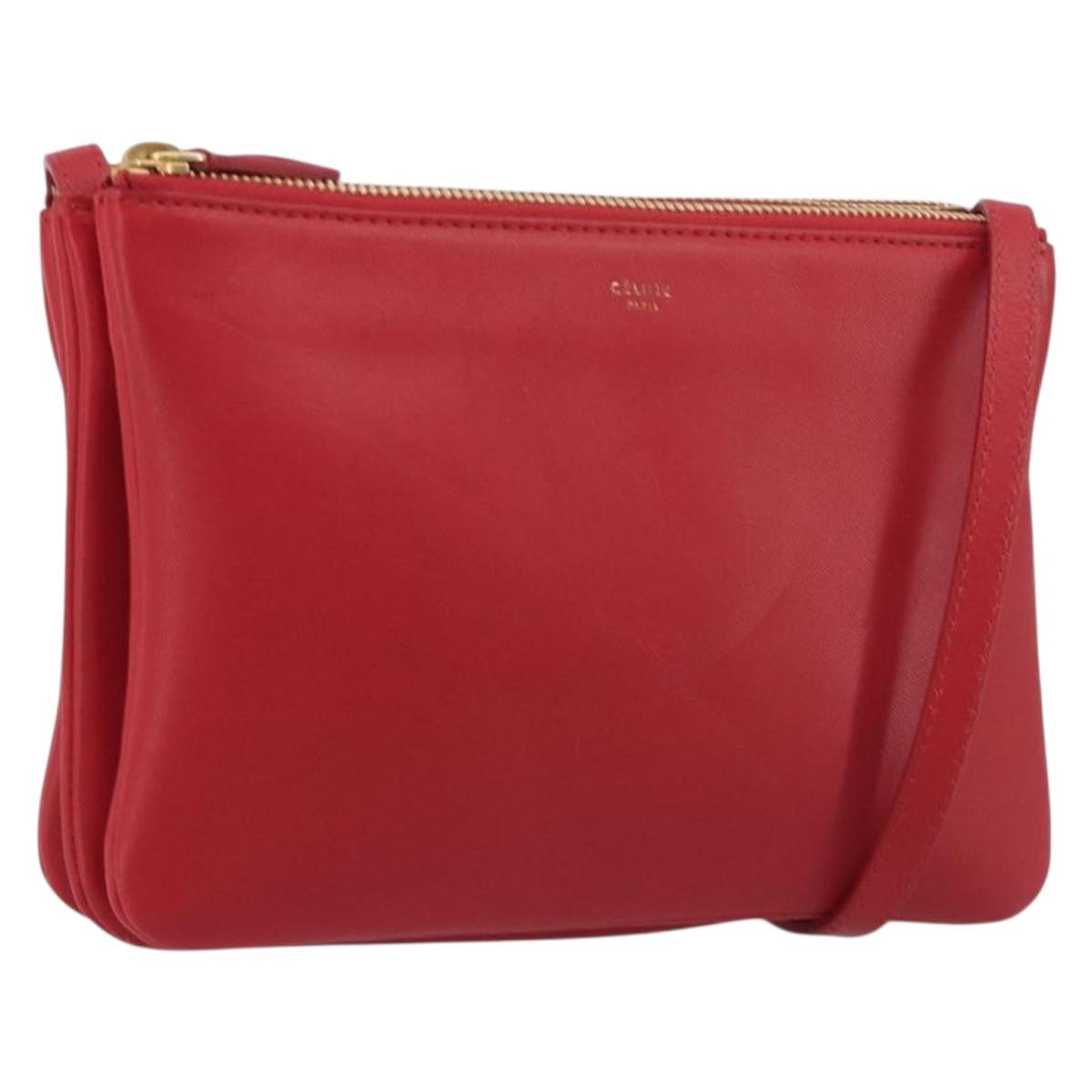 CELINE Trio Shoulder Bag Leather Red Gold Auth 195013A