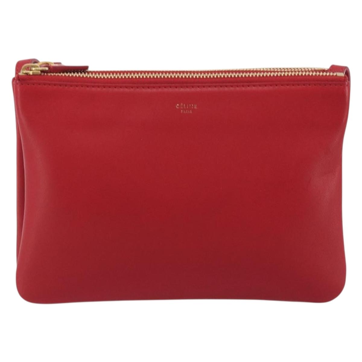 CELINE Trio Shoulder Bag Leather Red Gold Auth 195013A