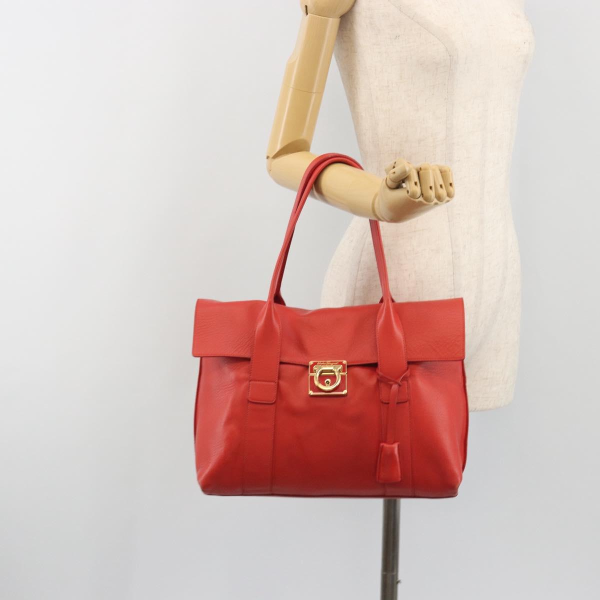 Salvatore Ferragamo Gancini Hand Bag Leather Red Gold Auth 195014