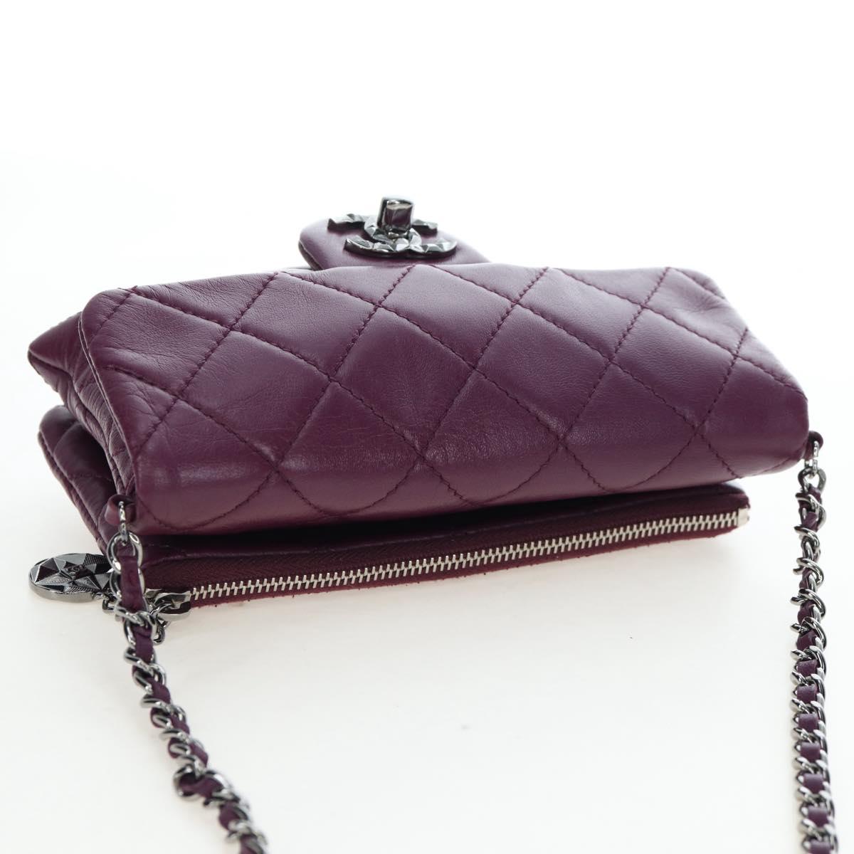 CHANEL Matelasse Chain Shoulder Bag Lamb Skin Purple Silver CC Auth 195019M