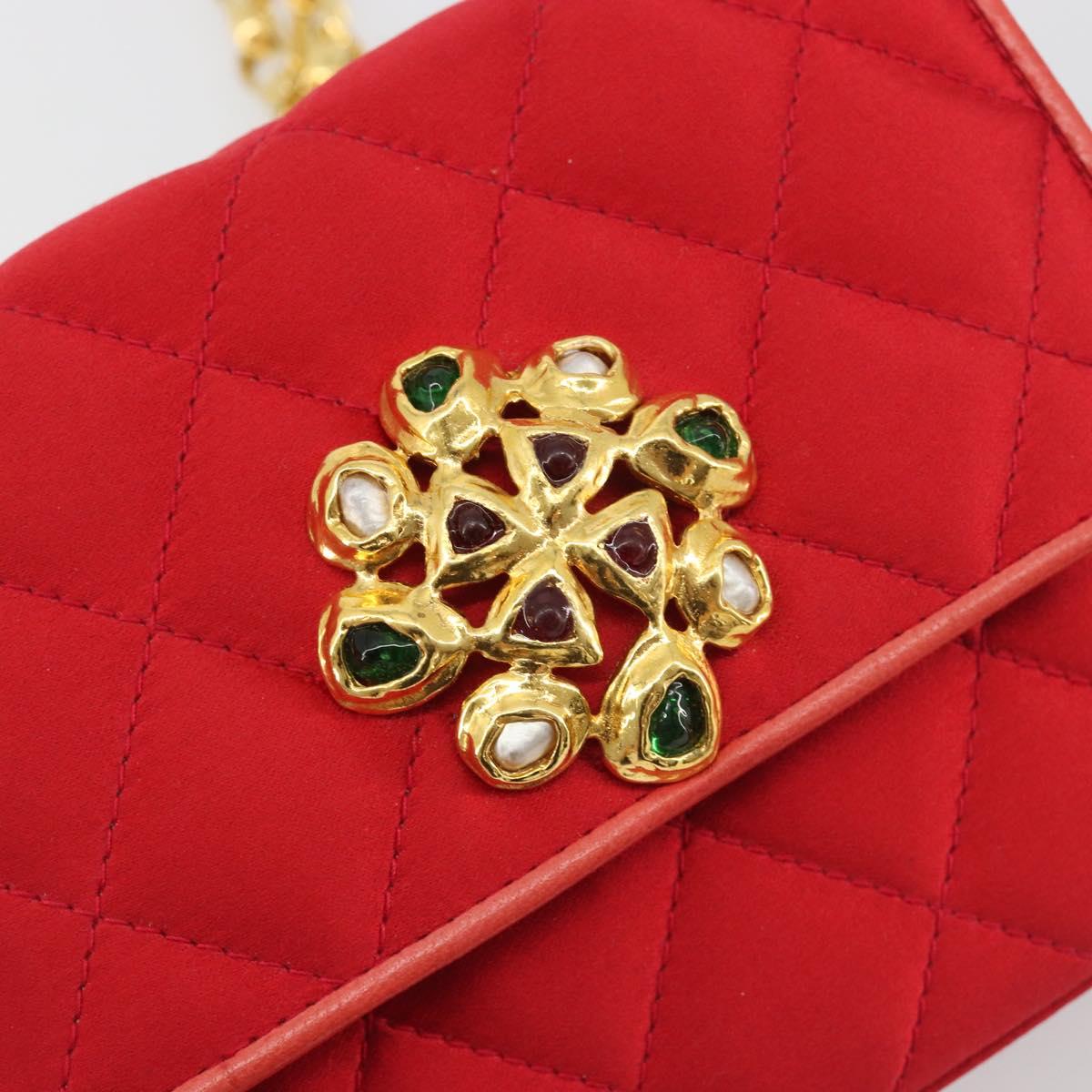 CHANEL Matelasse Chain Gribois Shoulder Bag Satin Red Gold CC Auth 195020