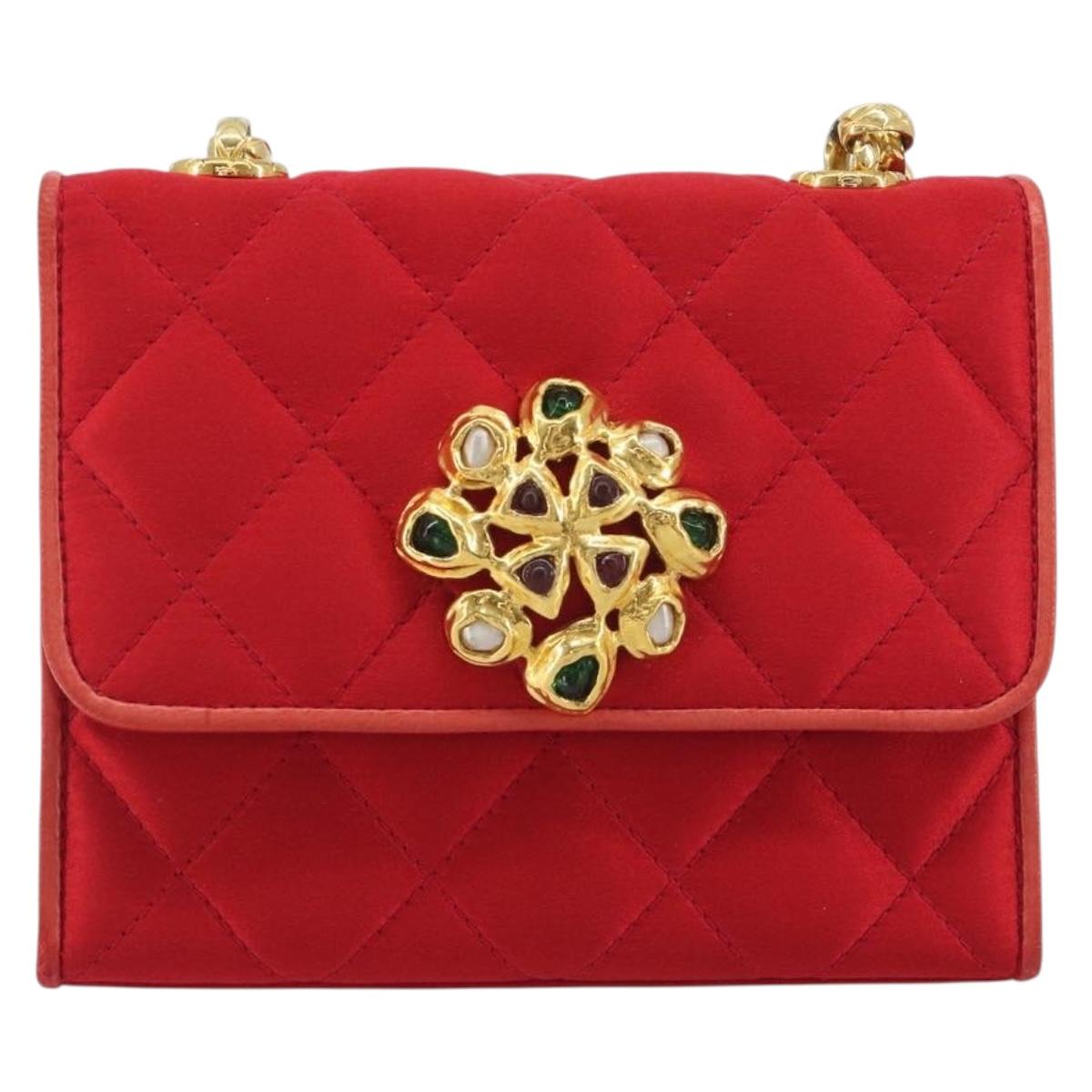 CHANEL Matelasse Chain Gribois Shoulder Bag Satin Red Gold CC Auth 195020