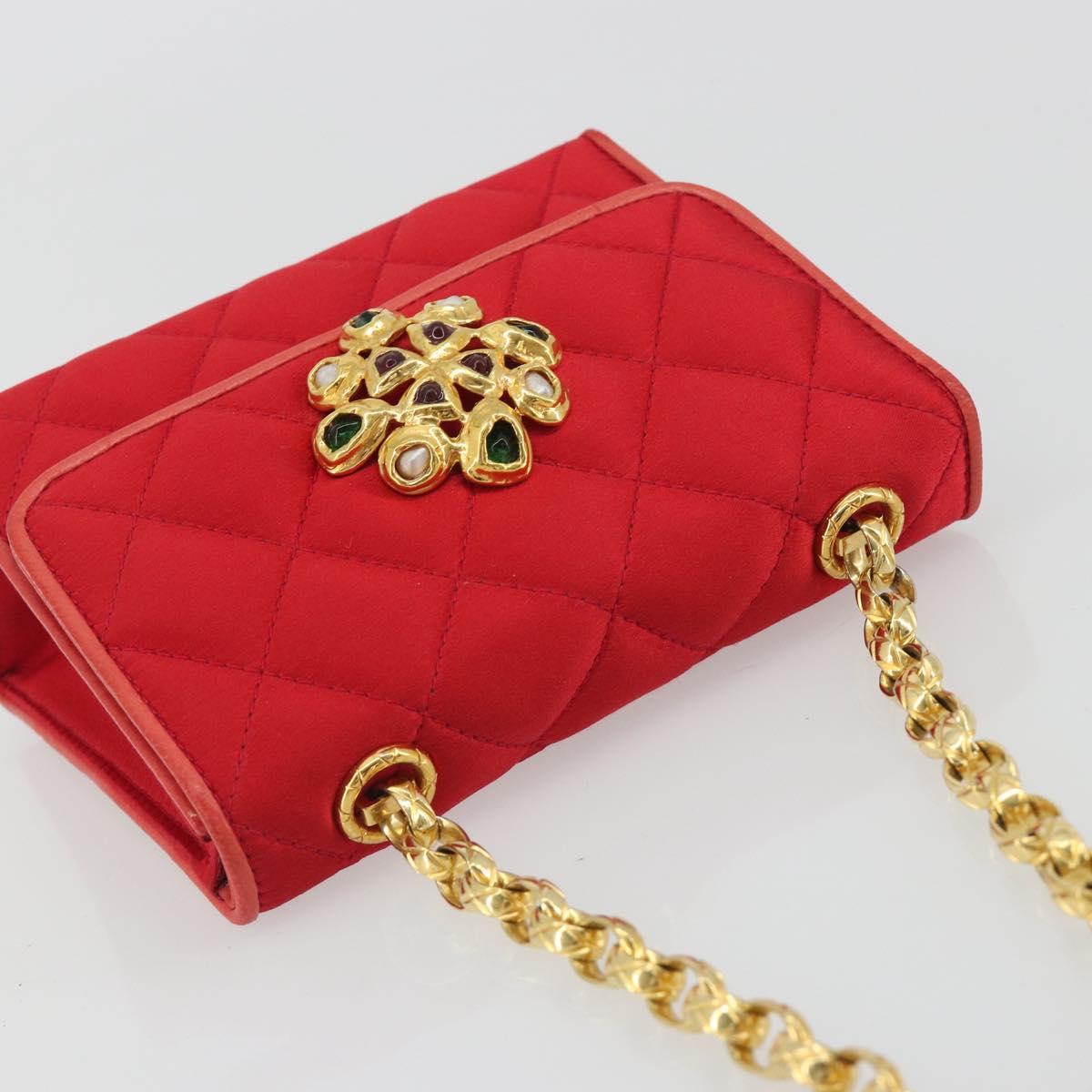 CHANEL Matelasse Chain Gribois Shoulder Bag Satin Red Gold CC Auth 195020