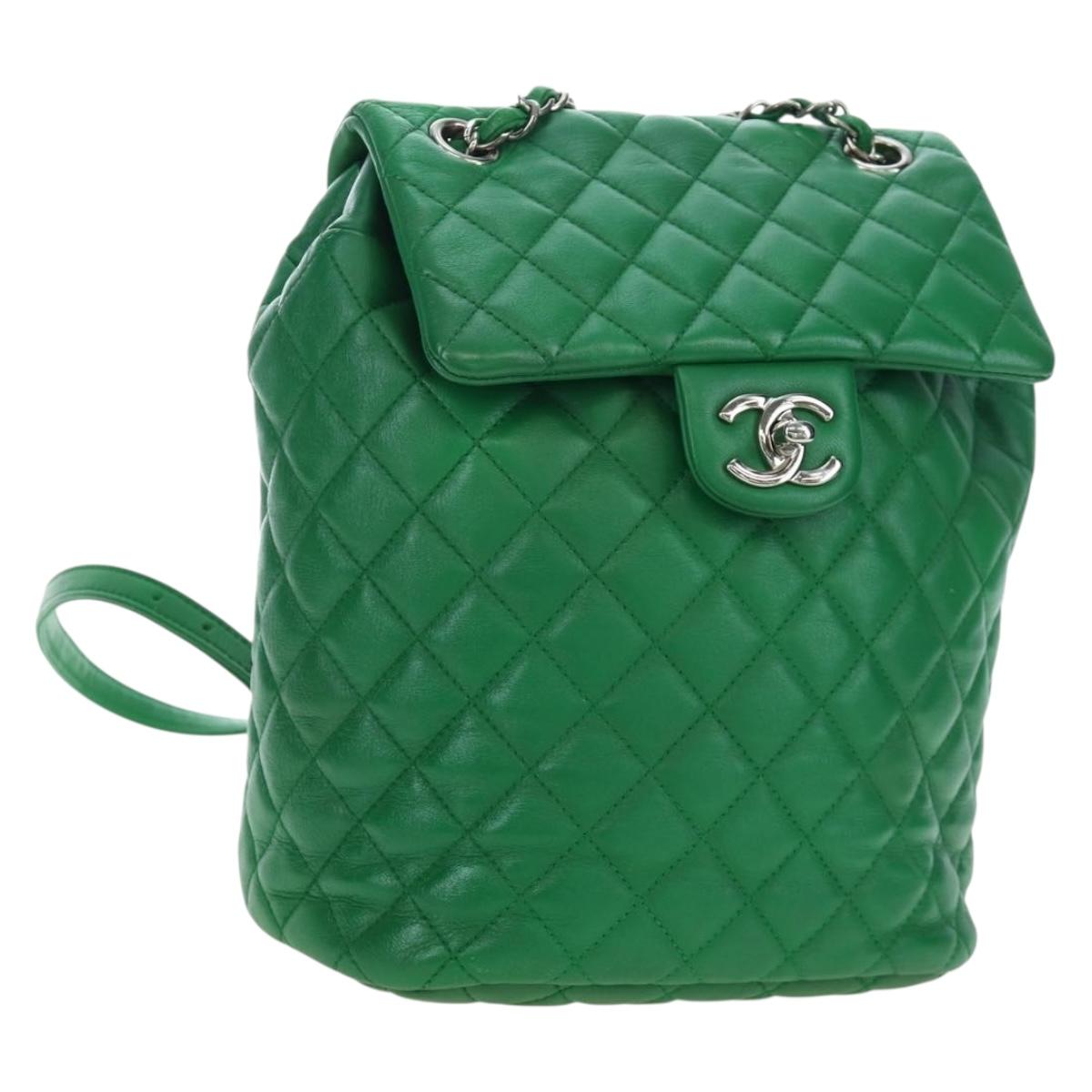 CHANEL Matelasse Chain Shoulder Backpack Lamb Skin Green Silver CC Auth 195024M