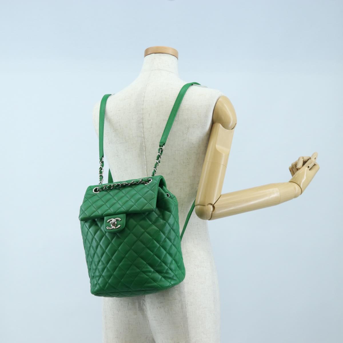 CHANEL Matelasse Chain Shoulder Backpack Lamb Skin Green Silver CC Auth 195024M