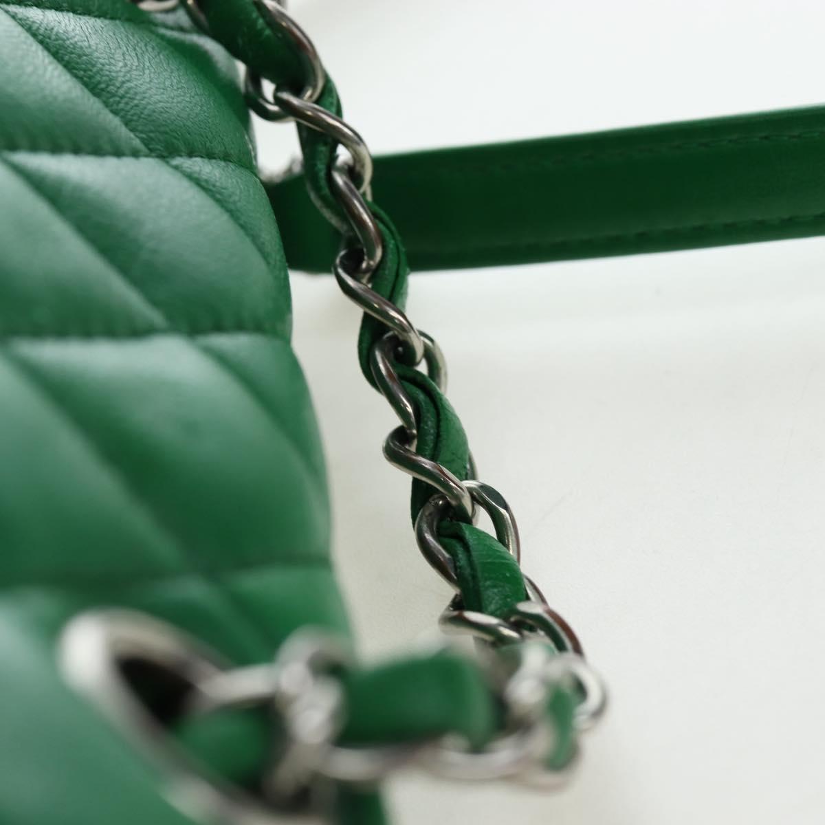 CHANEL Matelasse Chain Shoulder Backpack Lamb Skin Green Silver CC Auth 195024M