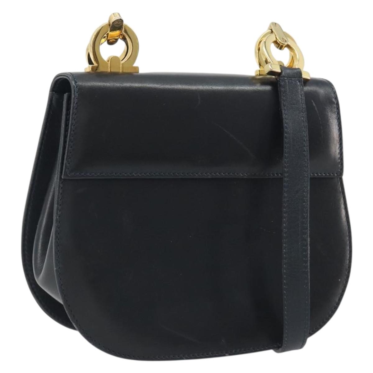 Salvatore Ferragamo Gancini Shoulder Bag Leather Black Gold Auth 195042