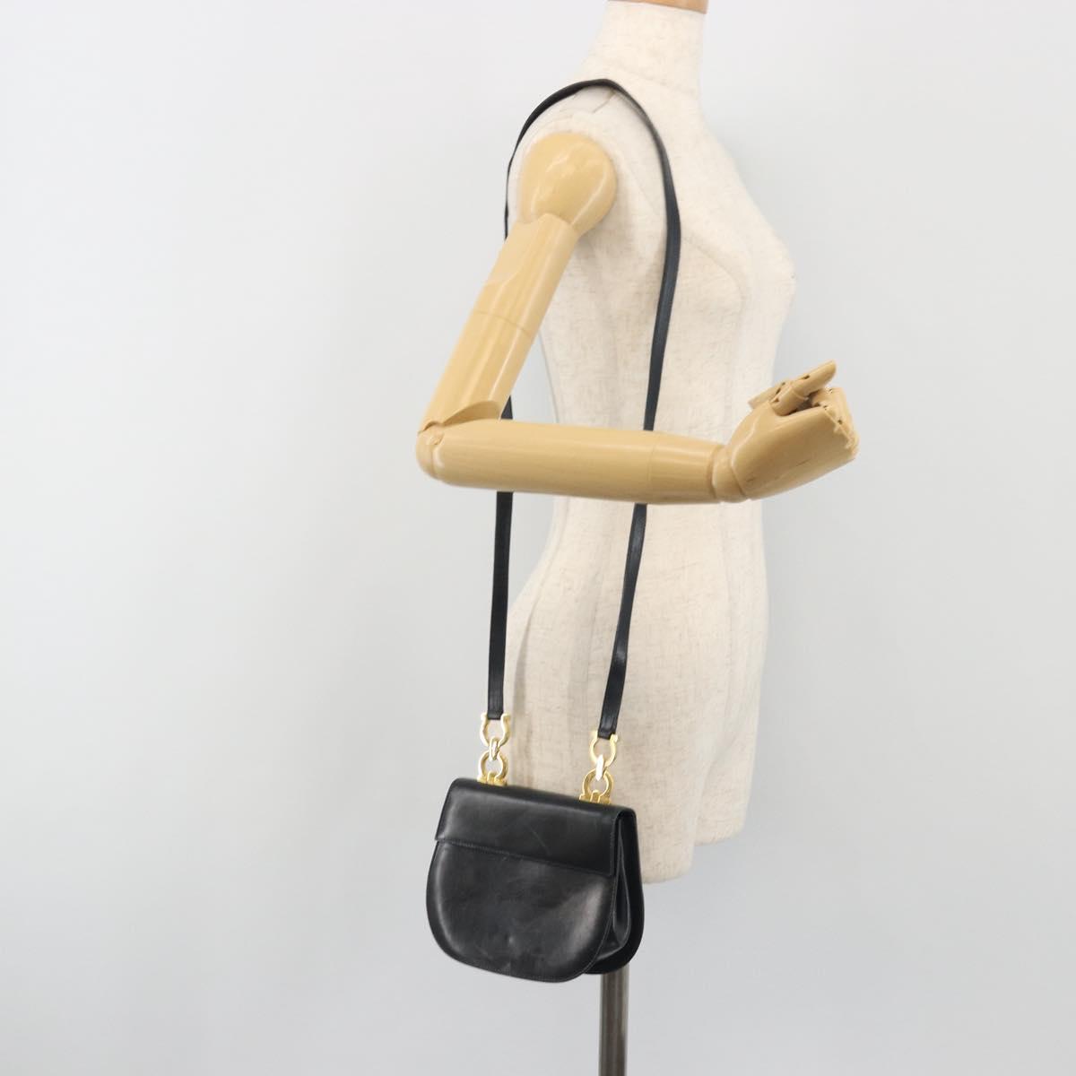 Salvatore Ferragamo Gancini Shoulder Bag Leather Black Gold Auth 195042