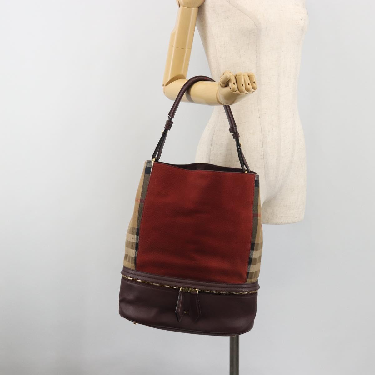 BURBERRY Nova Check Shoulder Bag Canvas Leather Silver Bordeaux Auth 195068