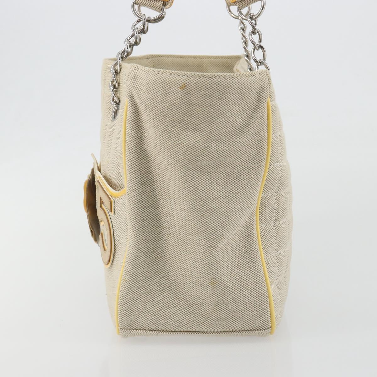 CHANEL Choco Bar Cambon Chain Tote Bag Canvas Beige Silver CC Auth 195070A