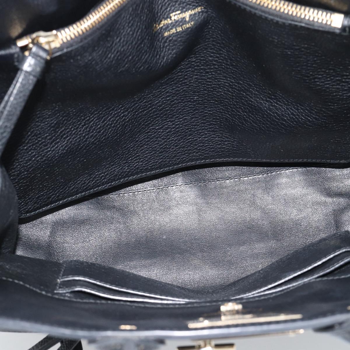 Salvatore Ferragamo Gancini Studio Hand Bag Leather 2way Black Gold Auth 195088