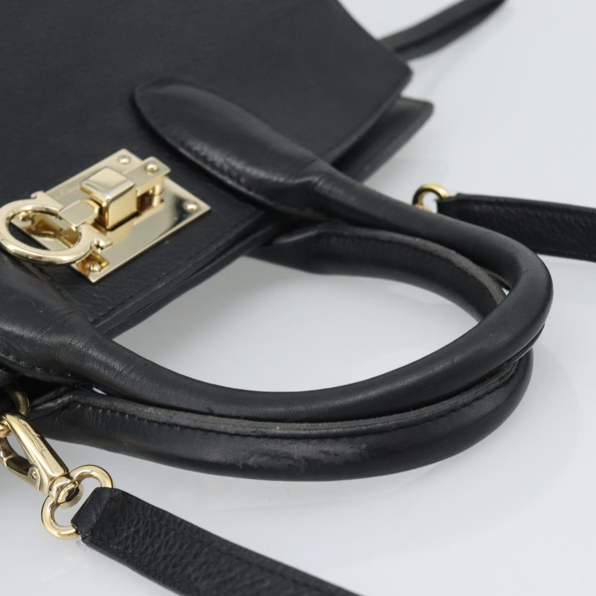Salvatore Ferragamo Gancini Studio Hand Bag Leather 2way Black Gold Auth 195088