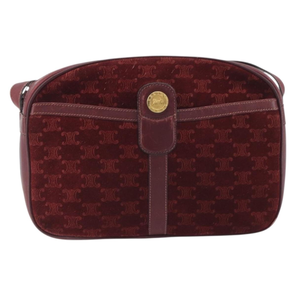 CELINE Macadam Canvas Horse Carriage Bag Suede Bordeaux Gold Auth 195091